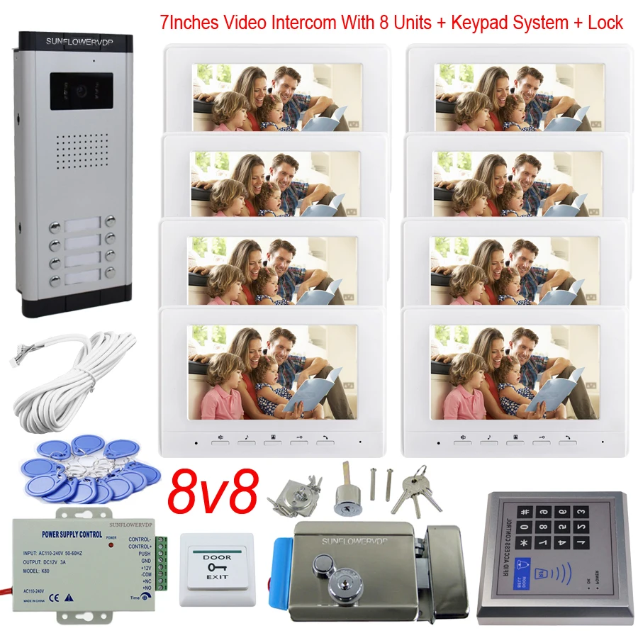 Access Control Keypad 8 Apartments Doorbell With Camera Color 7\ Indoor Monitor Home Video Phone + Electronic Door Lock System