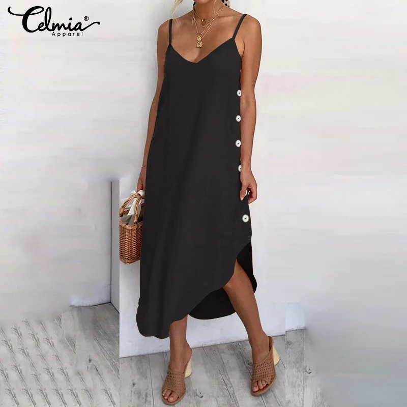 

2019 Celmia Summer Dress Women Sexy Straps Irregular Shirt Dress Casual Loose Buttosn Sleeveless Beach Party Vestidos Plus Size