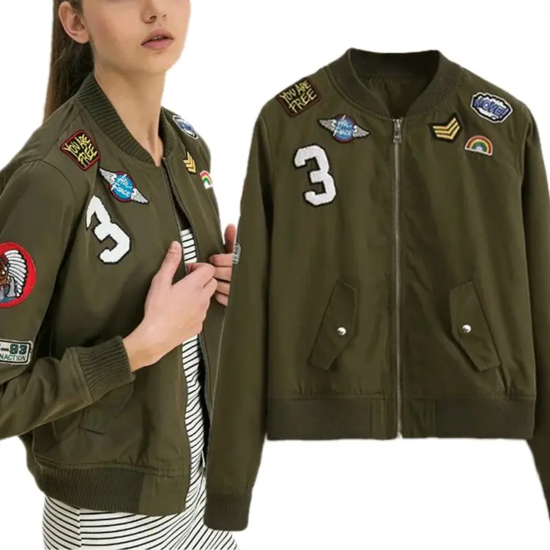 Women Army Green Embroidered Jackets Coat Winter Female Zipper Patches