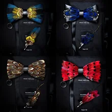 Ricnais качественный мужской галстук-бабочка из натурального пера и кожи ручной работы предварительно завязанный Галстук-бабочка и брошь набор Подарочная коробка костюм Свадебная вечеринка