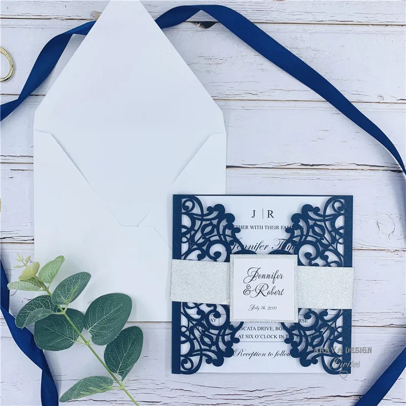 

Fabulous Navy Blue Laser Cut Wedding Invitations With Glitter Belly Band And Tag