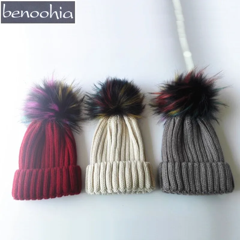 faux pom pom fur in bulk pom Faux KNB040 Knit Rainbow Pom Winter Fur Hat Raccoon
