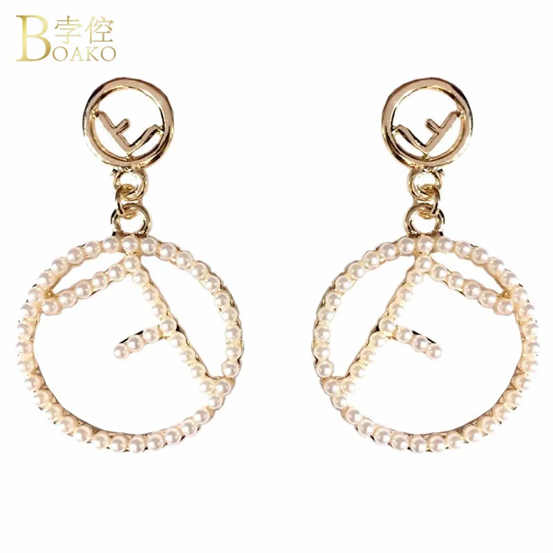 

BOAKO Simulated Pearl Drop Earrings Women's Round Circle Letter F Dangle Earrings Geometric Sweet Wedding Earrings Brincos 2019