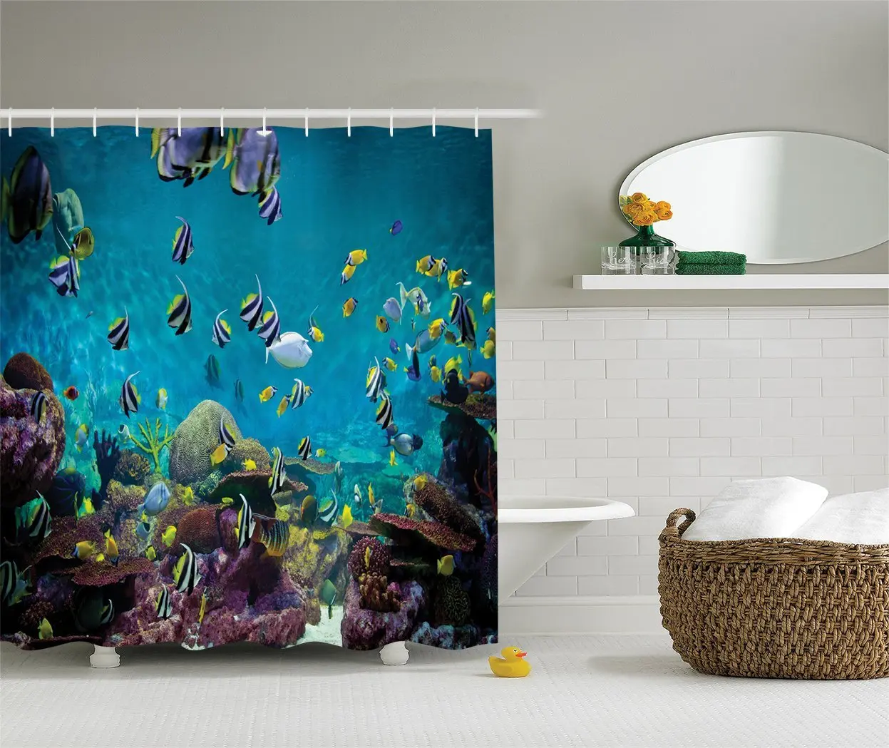 Untouched Wild Underwater Aquatic World with Corals Exotic Fishes Seascape Picture, Polyester