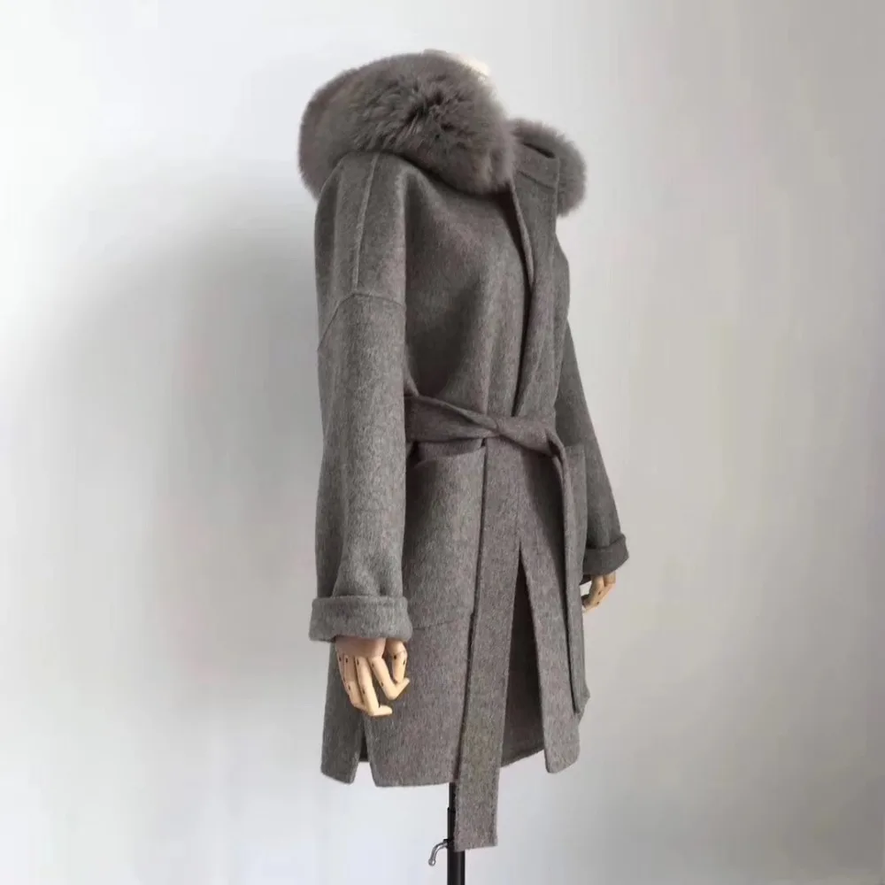 Женское зимнее шерстяное пальто с большим капюшоном, высокое качество, Воротник из натурального Лисьего меха, зимнее повседневное длинное пальто, элегантный женский шерстяной кардиган
