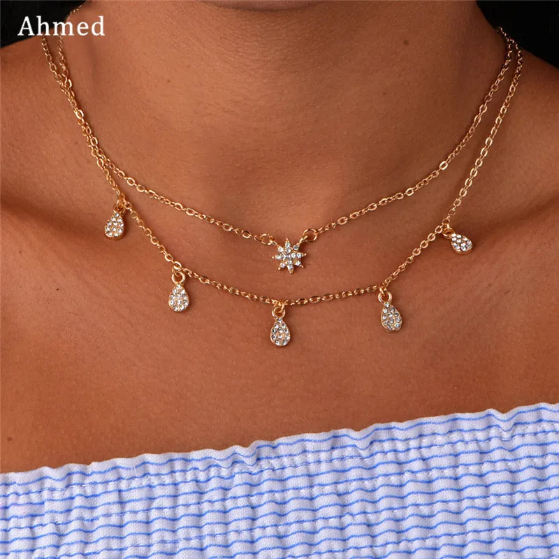 

Ahmed Charm Simple Water Drop & Star Pendant Double Layer choker Necklace Women Fashion Collar Bijoux Collier Femme Jewelry