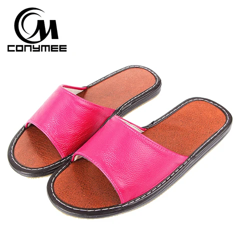 CONYMEE/Летняя обувь из натуральной кожи; ; женские кроссовки на плоской подошве; кожаные сандалии; нескользящие домашние тапочки для мужчин и женщин; вьетнамки - Цвет: QPT-LX Rose Red