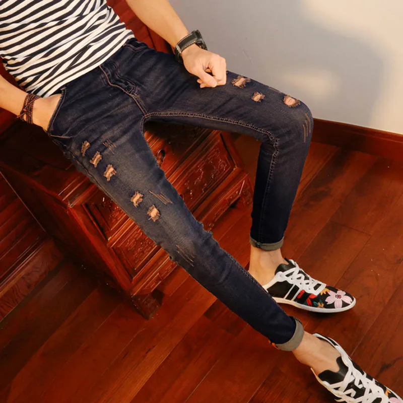 New arrival Spring autumn youth Ripped hole Skinny jeans men street wear stretch feet men students teenagers Ankle pencil pants