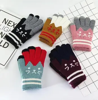 

Women's autumn winter contrast color knitted thicken warm glove lady's cat knitted touch screen driving glove R425