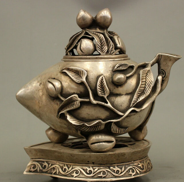

R0720 Details about 8 China Buddhism Silver Peach Shape 3 Section Brass Statue Incense Burner Censer