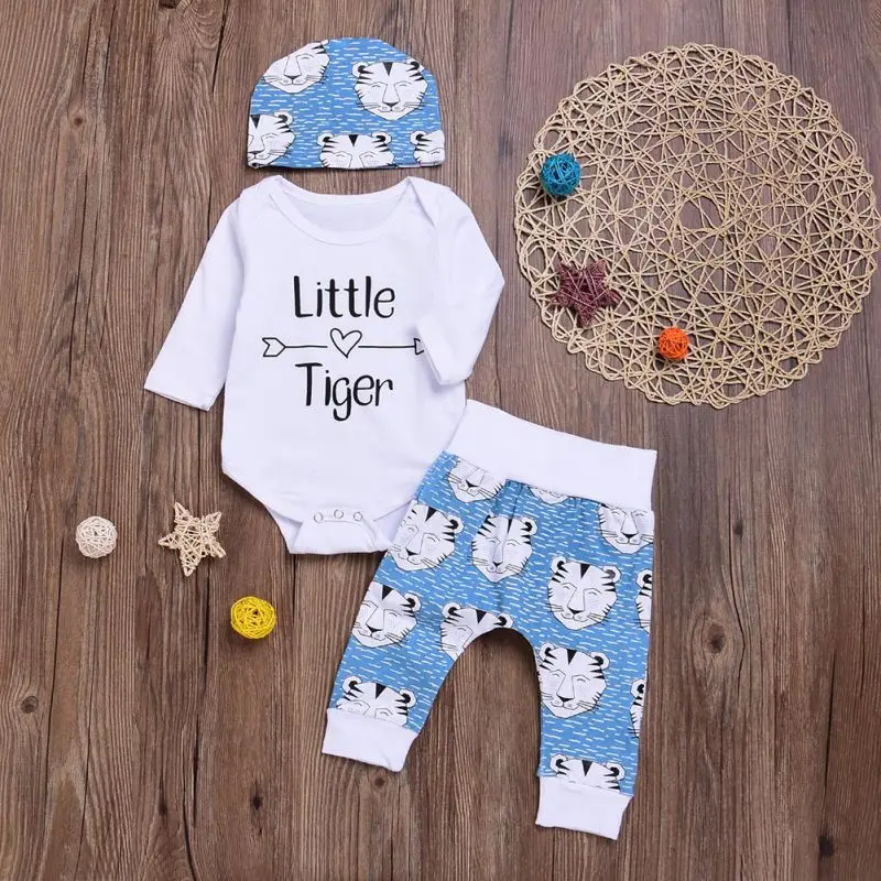 

Winter Casual Newborn Baby Boys Girls Outfit Letter Romper+Cartoon Tiger Pants Hat 3pcs Clothes Set Down winterjas Hot Sale