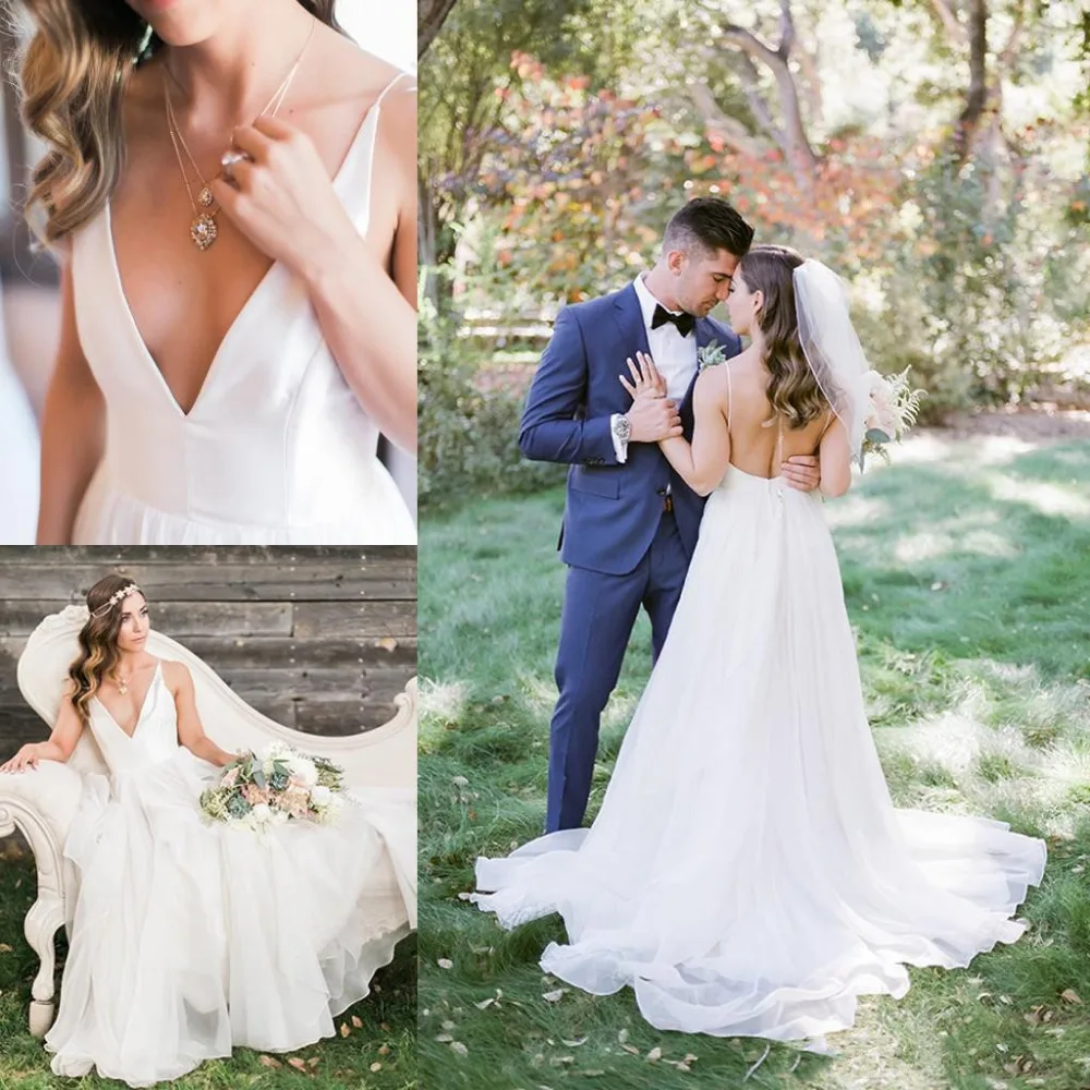 

Simple 2019 Rustic Style A Line Wedding Dresses V Neck Backless Ruched Beach Boho Wedding Dresses Bridal Gown Vestido De Novia