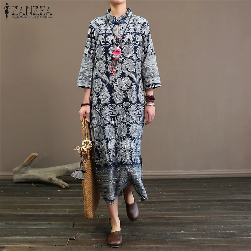 

ZANZEA Autumn Stand Collar 3/4 Sleeve Cheongsam Dress Women Sundress Vintage Floral Print Dress Cotton Linen Vestido Robe Femme