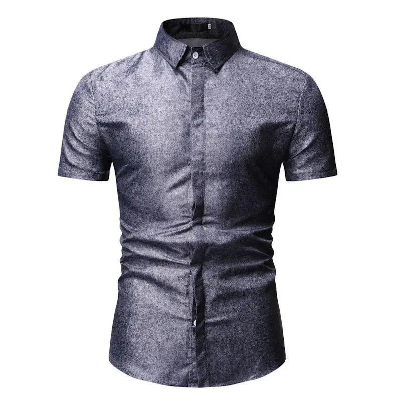 

New model Shirts for Men Summer Blouse Men Slim fit Men's dress Shirts Short sleeve Solid color Blue Black New 2019 Hot
