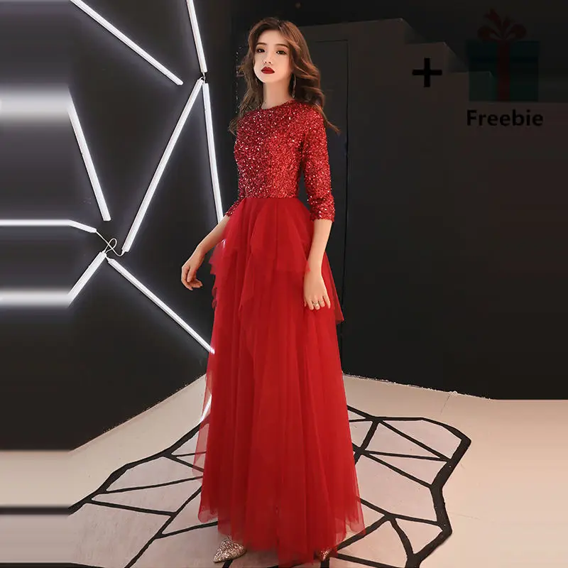 It's Yiya/вечернее платье 2019, блестящее, с блестками, с круглым вырезом, многоярусная со складками, винно-красные вечерние платья SB022 A-Line robe de soiree