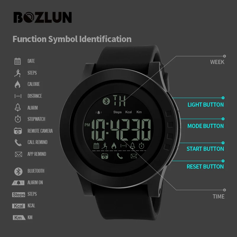 BOZLUN Для мужчин Спорт Смарт часы Шагомер калорий Bluetooth SmartWatch С Камера цифровые