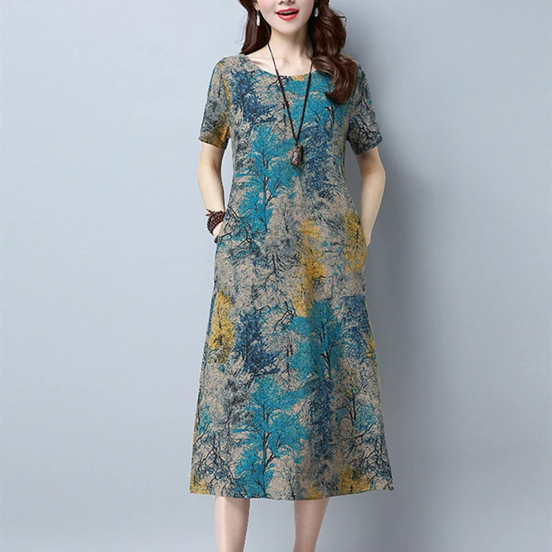 

2019 cotton linen summer dress women Plus size dress work clothes vintage print beach dress vestidos -88