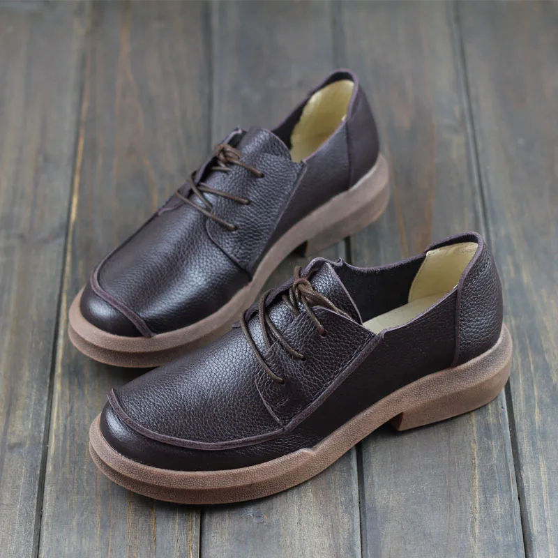 

Mori Style New 2018 Spring Women's Flats Cow Leather Shoes Pigskin Breathable Lace Up Coffee Genuine Leather Shoes Moccasins