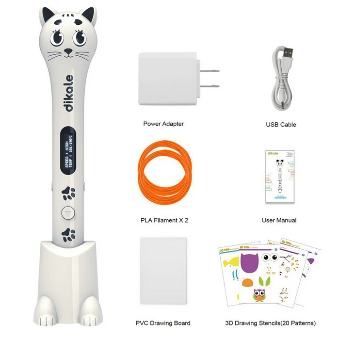 White add 12m PLA Dikale 3D Ручка для рисования милый кот дизайн USB OLED 3D печать Ручка принтера карандаш бесплатно 12 м нити безопасности волшебный идеальный DIY подарки - Цвет: White add 12m PLA