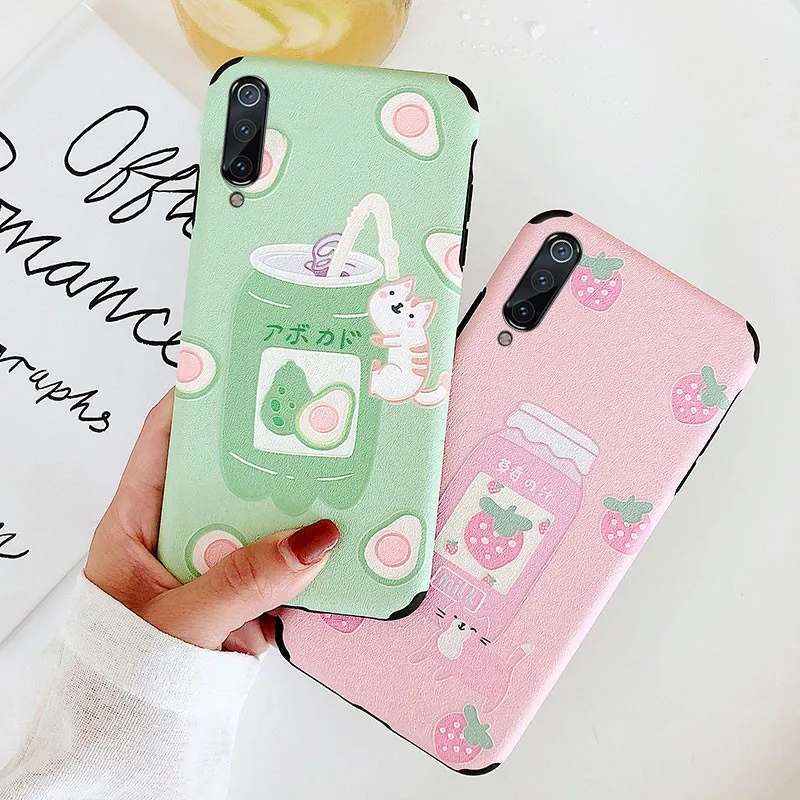 

Fashion Anti-fall 3D Relief Cute Fruit Milk Pattern Pink Case For Xiaomi Mi 6 6X 8 8SE 9 Lite A2 Soft Couple Back Protect Capa