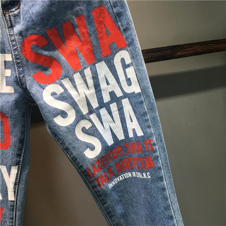 2019 новая весенняя модная аэрозоль буквы с высокой талией с принтом свободные широкие джинсы Для женщин