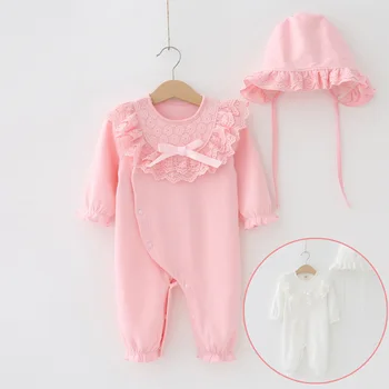 

Baby Girl Cotton Romper With Cap 2018 Spring Lace Bow 1piece Jumper White Pink Sleeping Bag Infant Girls Clothing Gift Set 3m 6m
