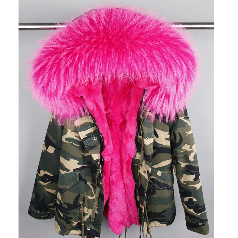 Зимняя куртка с подкладкой из кроличьего меха, женская мода, армейский зеленый большой воротник из меха енота, пальто, парки, верхняя одежда, abrigos mujer - Цвет: B2-26
