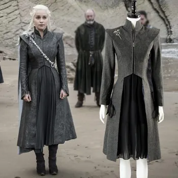 

Thrones Season 7 Daenerys Targaryen Cosplay Costume Gray Dress Gown Cloak with Boots Shoes