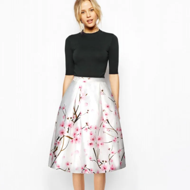 

Summer Women Skirt Vintage Peach Blossom Plum Blossom Floral Print High Waist Gown Pleated Midi Skater Skirts Saias