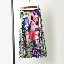 MUMUZI/Коллекция года, Весенняя новинка, юбка в складку с рисунком из мультфильма, высокая эластичность, стиль High Street, трапециевидная юбка до середины икры