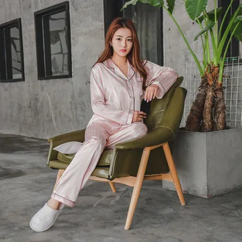

womens satin silk pajamas couple set sleepwear 2019 Autumn Winter plus size nightwear pants 2 piece sexy Home suit pink striped