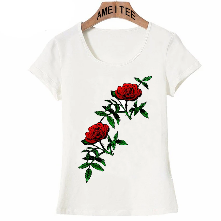 New Fashion Women T Shirts Summer Red Color Rose Flowers Print T Shirt