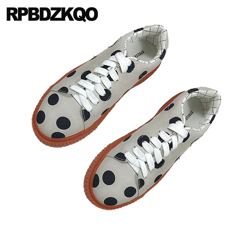 

Japanese School Round Toe Muffin Gray Thick Sole Flats Women Suede Lace Up Creepers Platform Shoes Harajuku Elevator Polka Dot