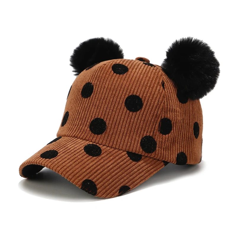 Dots Baby Baseball Hat Toddler Boy Girl Visor Cap Wide Brim Children Pompom Cap Corduroy Warm Fabrics Adjustable Size Infant Hat (2)
