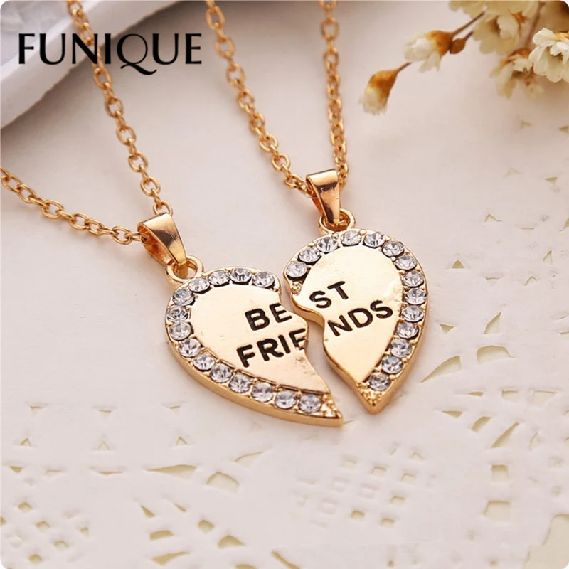 

FUNIQUE 2PCs/Set Fashion Split Long Necklace For Women Girl Friends Half Heart Rhinestone Pendant Fashion Jewelry