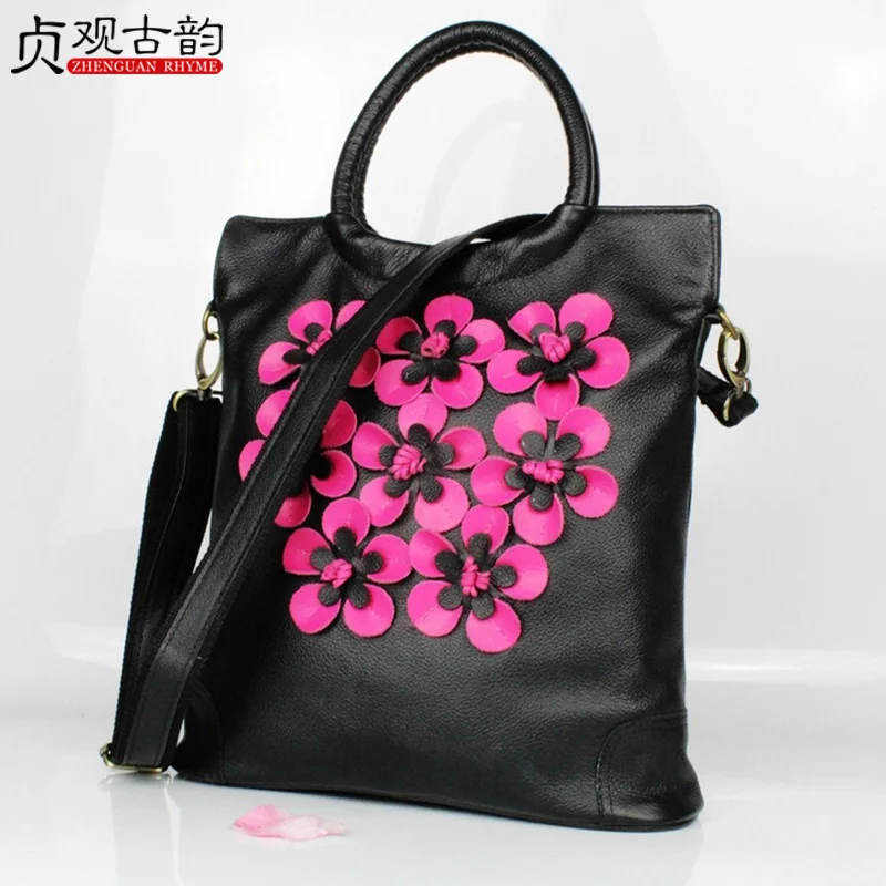 

Cowhide High Capacity Women Handbag Tote National Style Mochila Feminina Genuine Leather Flowers Luxury Designer Ladies Hand Bag