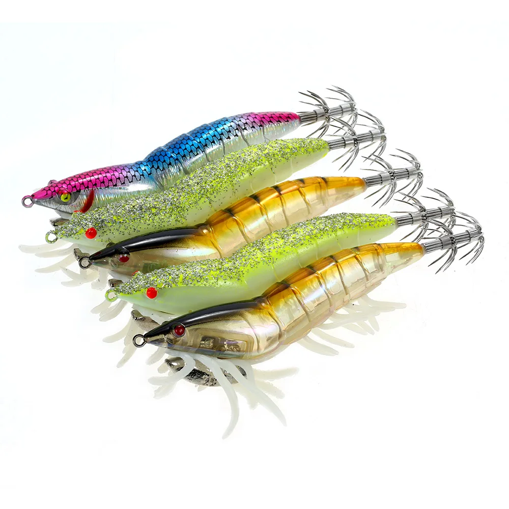 3/5 pcs Fishing Shrimp Lure Prawn Squid Bait Hard Artificial Fishing Set with Squid Jigs Hook