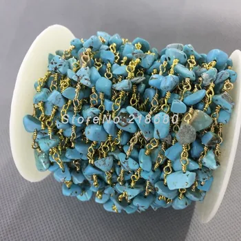 

6-10mm Pure Gold Color Wire Wrap Nugget Chip Turquoises Rosary Chain RC4996