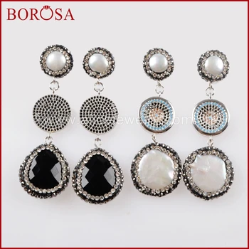 

BOROSA Elegant Natural Crystal/Pearl Pave Rhinestone & CZ Micro Pave Round Dangle Earrings Gems Drusy Drop Earrings JAB835