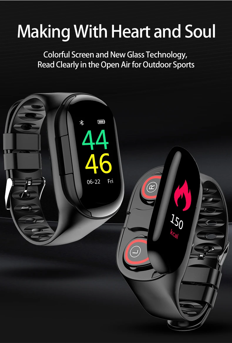 Sport Watch 0.96" M1 Smart Watch With Bluetooth Earphone Heart Rate Monitor Smart Wristband Long Time Standby Wireless Earbud