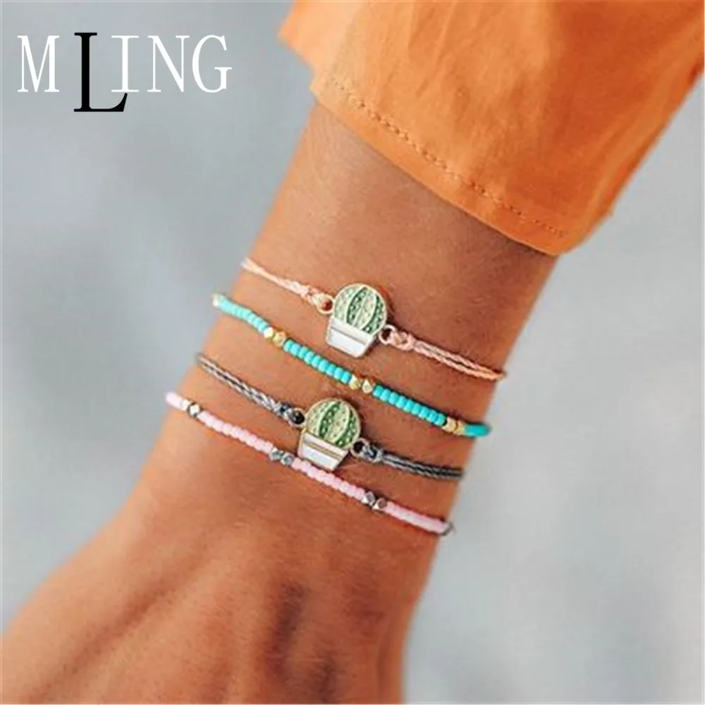 

MLING Vintage Pink Beads Boho Bracelet Set For Women Cactus Bracelets Bangles Female Fashion Jewelry