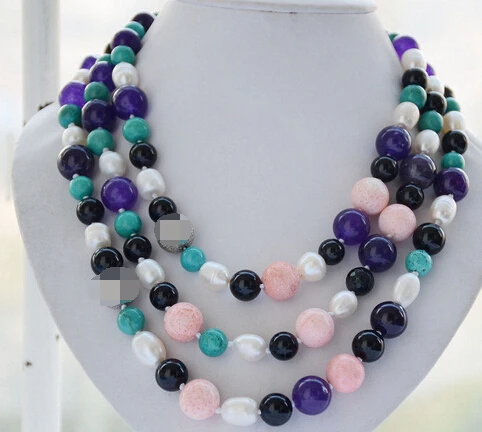 

Jewelr 005951 3row black agate purple amethyst blue turquoise white pearl necklace