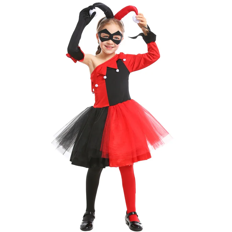 

Umorden Child Kids Red Black Clown Joker Suicide Squad Harley Quinn Costume for Girls Halloween Carnival Mardi Gras Party Dress