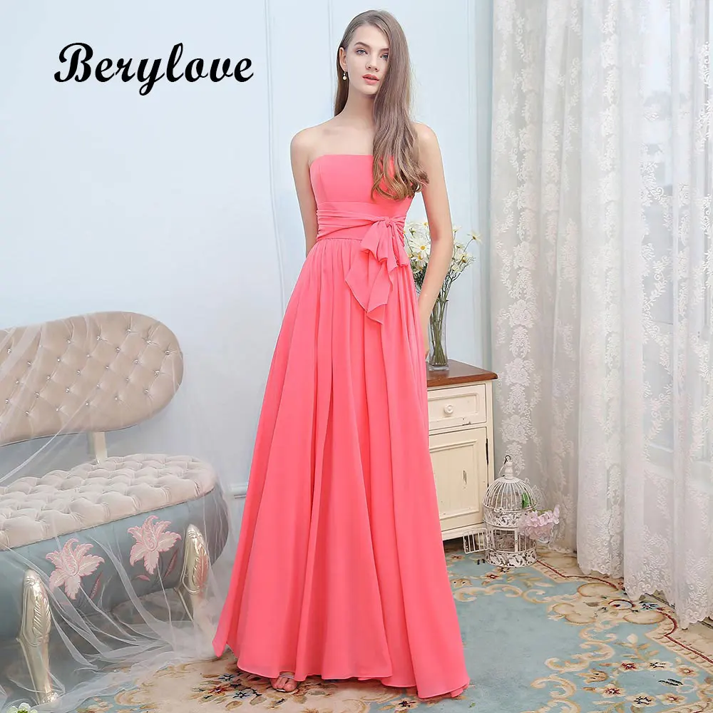 BeryLove Long Water Melon Red Evening Dresses 2018 Strapless Chiffon