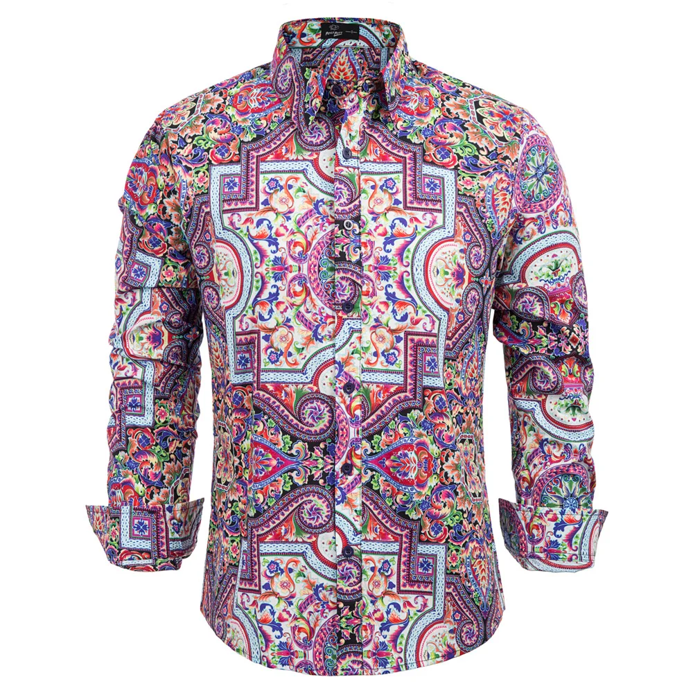 

spring fall Men blouse Stylish Floral Pattern Long Sleeve Button Placket casual holiday office business Cotton Shirt men Tops