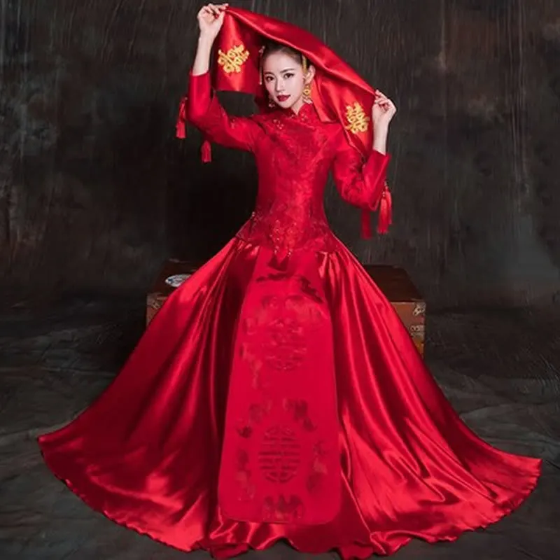 

Chinese Traditional Wedding Dress Vestido Oriental Style Dresses Red Qipao Long Cheongsam Vintage Dragon Phoenix Clothing Kimono