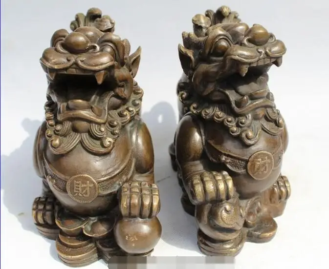 

S02547 Old Chinese Pure Bronze Pi Xiu Beast Unicorn Animal Wealth Money Statue Pair (B0413)