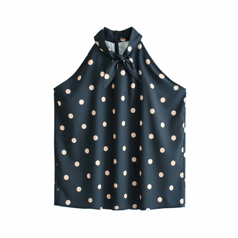 

2019 Summer Women Bomb Tops for Ladies Sleeveless Bow Collar New Shirts Polka Dots Short Blouses Girls Chic Chiffon Tops Clothes