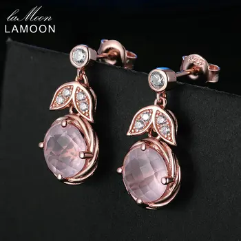 

LAMOON 8mm 100% Natural Pink Rose Quartz 925 Sterling Silver Jewelry Drop Earrings S925 LMEI008