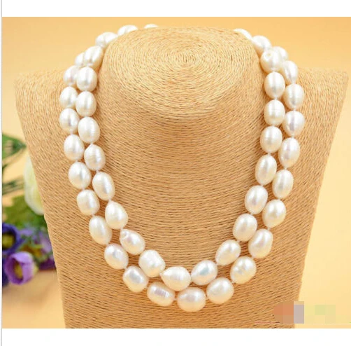 

P4742 2row 15mm WHITE teardrop drip freshwater cultured pearl necklace ^^^@^Noble style Natural Fine jewe FREE SHIPPING